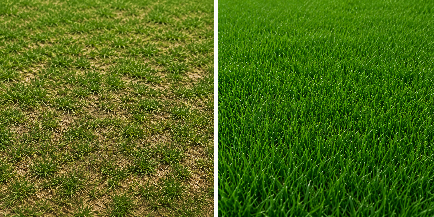 Lawn before and after fertilization — patchy on left, lush green on right